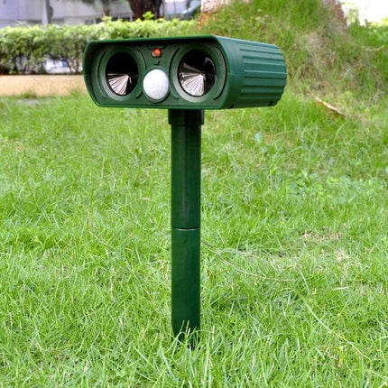 Ultrasonic Solar-Powered Animal Repeller, 2-Pack for Gardens installed in lawn border, solar PIR sensor deterrent stake for dogs cats rats