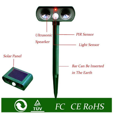 Ultrasonic Solar-Powered Animal Repeller, 2-Pack for Gardens showing solar panel, PIR sensor, ultrasonic speakers and ground stake