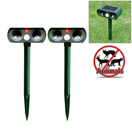Ultrasonic Solar-Powered Animal Repeller, 2-Pack for Gardens - green solar PIR stake units deterring dogs cats and rats