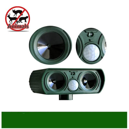 Ultrasonic Solar-Powered Animal Repeller, 2-Pack for Gardens - green dual-sensor solar garden pest deterrent with PIR motion sensor