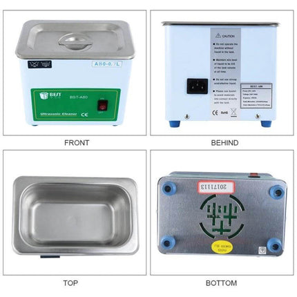 Ultrasonic Cleaning Machine 0.7L For Small Items Like Jewelry And Tools - front, back, top and bottom views of 0.7L stainless tank cleaner