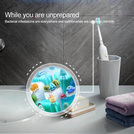 Ultraviolet Toothbrush Sterilizer Wall Mounted For Daily Bathroom Use compact wall-mounted UV and photocatalyst unit sanitizing toothbrushes on bathroom counter