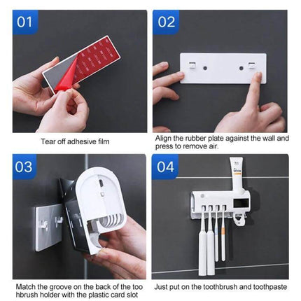 Ultraviolet Toothbrush Sterilizer Wall Mounted For Daily Bathroom Use showing adhesive mounting steps and toothbrushes in use