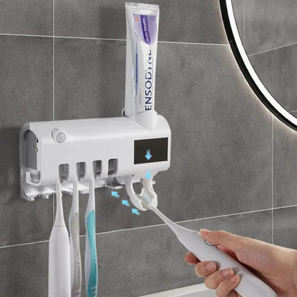 Ultraviolet Toothbrush Sterilizer Wall Mounted For Daily Bathroom Use compact wall-mounted UV toothbrush sterilizer with toothpaste dispenser and multiple brush slots
