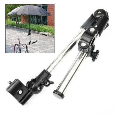 Umbrella Handlebar Holder Adjustable Mount For Bicycle showing adjustable aluminum and ABS clamp and tube for bike umbrella