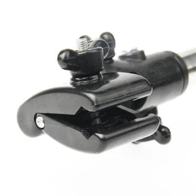 Umbrella Handlebar Holder Adjustable Mount For Bicycle close-up of adjustable clamp and two-section tube in black aluminum and ABS