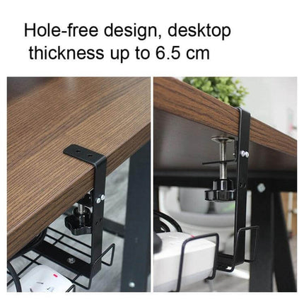 Under Desk Cable Management Tray Carbon Steel Organizes Cables mounted clamp-style under desk showing hole-free design and power strip storage