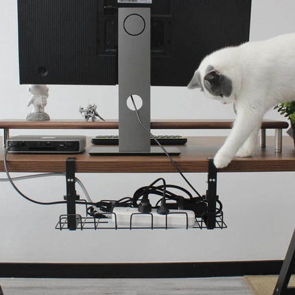 Under Desk Cable Management Tray Carbon Steel Organizes Cables under desk holding power strip and cords with cat nearby