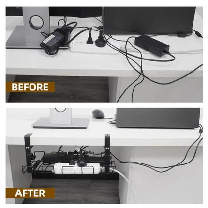Under Desk Cable Management Tray Carbon Steel Organizes Cables showing before messy cords and after tidy under-desk mounted tray