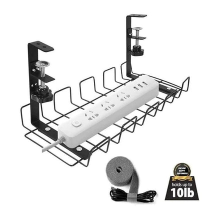 Under Desk Cable Management Tray Carbon Steel Organizes Cables – black metal tray holding power strip with clamp mounts, hides cords under desk