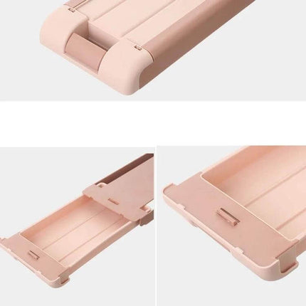 Under Desk Drawer Storage Box With Pull Out Pen Storage in pink showing slide-out pen tray and compact under-desk organizer
