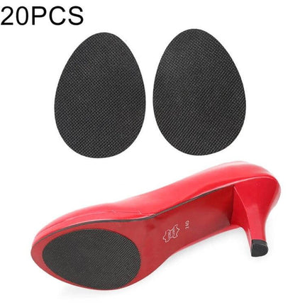 Unisex Anti-Slip Sole Protector Pads For Shoes Self-Adhesive black rubber oval heel and forefoot grip pads shown on red high heel, 20pcs pack