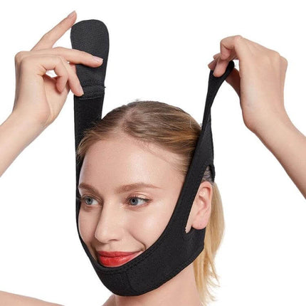 Unisex Anti-Snoring Chin Strap for Sleep Comfort Black shown worn by woman demonstrating breathable mesh SBR fabric and adjustable straps