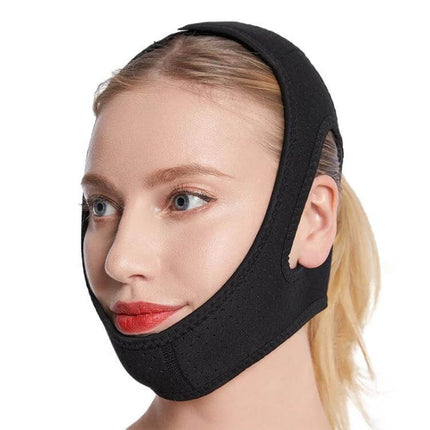 Unisex Anti-Snoring Chin Strap for Sleep Comfort Black on model showing breathable SBR fabric and chin mesh ventilation