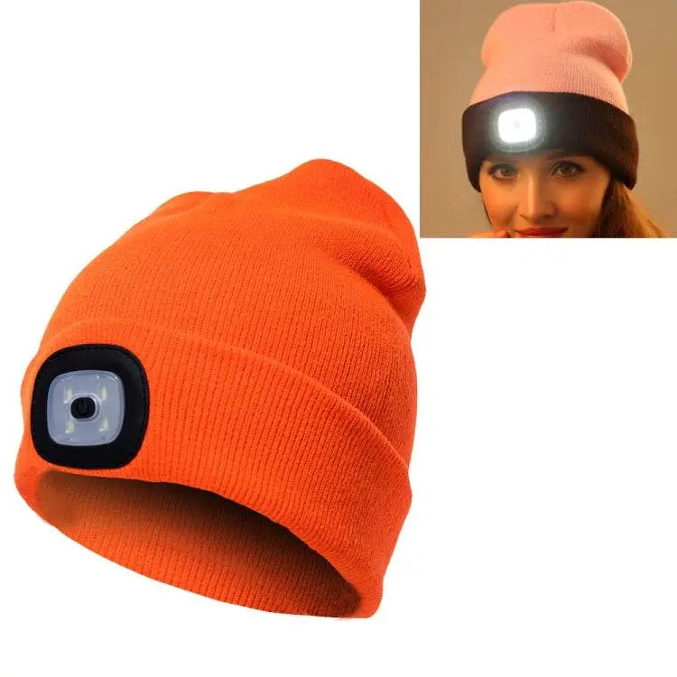 Unisex Warm Winter Polyacrylonitrile Knit Hat Adult Head Cap with 4 LED Lights, USB Type 