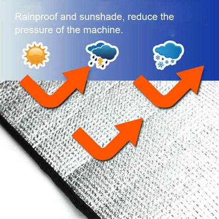 Universal Air Conditioner Cover 80 x 40 cm Rainproof showing reflective aluminum foil fabric deflecting sun, rain and snow with arrows indicating protection