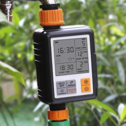 Universal LCD Sprinkler Controller for Outdoor Garden Irrigation mounted on faucet with LCD display showing programmable watering schedule