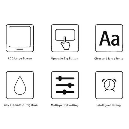 Universal LCD Sprinkler Controller for Outdoor Garden Irrigation icons showing LCD screen, large button, clear fonts, irrigation drop, multi-period settings, intelligent timing