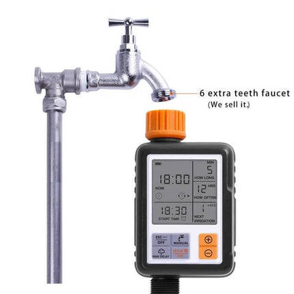 Universal LCD Sprinkler Controller for Outdoor Garden Irrigation showing digital timer attached to outdoor faucet with orange connector