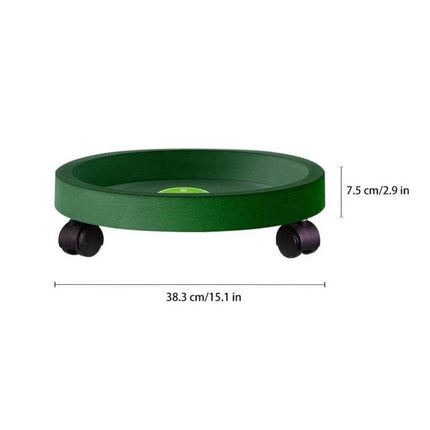Universal Round Wheeled Plant Pot Tray For Easy Moving - green round tray with double-row wheels, 38.3 cm diameter, 7.5 cm height for easy plant relocation