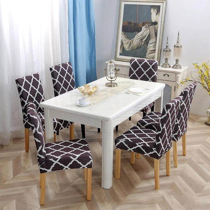 Universal Stretch Chair Cover For Everyday Dining Anti Fouling - patterned black white stretch covers on six dining chairs around white table, protects upholstery from spills