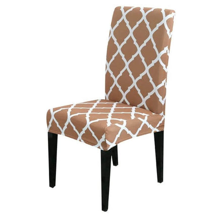 Universal Stretch Chair Cover For Everyday Dining Anti Fouling - brown trellis stretch slipcover on wooden dining chair, protects from spills and stains