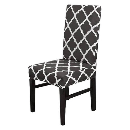 Universal Stretch Chair Cover For Everyday Dining Anti Fouling in black and white trellis pattern on wooden dining chair