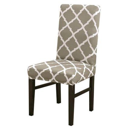 Universal Stretch Chair Cover For Everyday Dining Anti Fouling in gray lattice pattern on wooden dining chair, fitted, washable protective slipcover