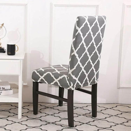 Universal Stretch Chair Cover For Everyday Dining Anti Fouling gray trellis pattern on wooden dining chair, fitted protective stretch cover