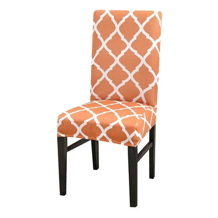 Universal Stretch Chair Cover For Everyday Dining Anti Fouling - orange trellis pattern fitted cover on wooden dining chair