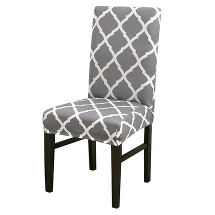 Universal Stretch Chair Cover For Everyday Dining Anti Fouling - gray trellis patterned stretch slipcover on wooden dining chair