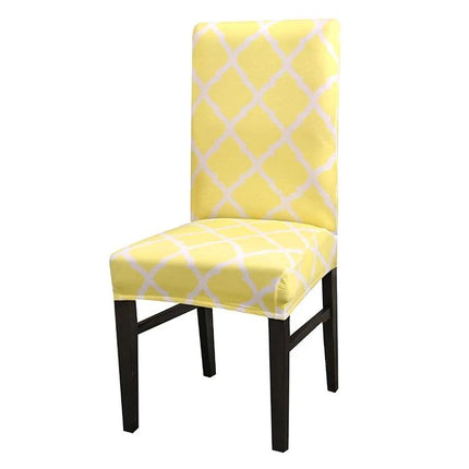 Universal Stretch Chair Cover For Everyday Dining Anti Fouling in yellow geometric pattern on wooden dining chair