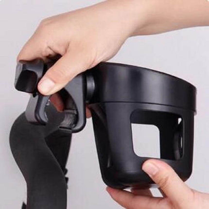 Universal Stroller Cup Holder for Most Carriages and Bottles - black universal stroller cup and bottle holder clipped to stroller frame, durable ABS