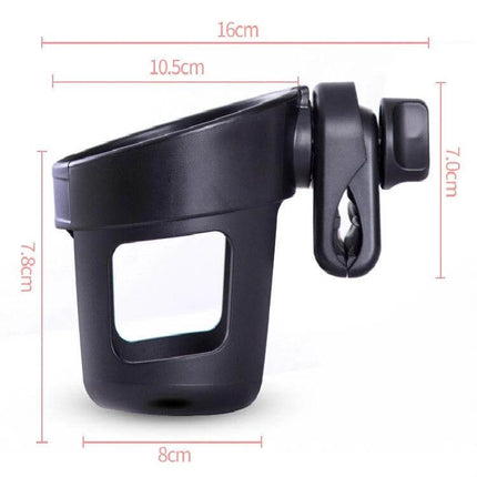Universal Stroller Cup Holder for Most Carriages and Bottles - black durable ABS stroller drink holder with clamp, measurements shown