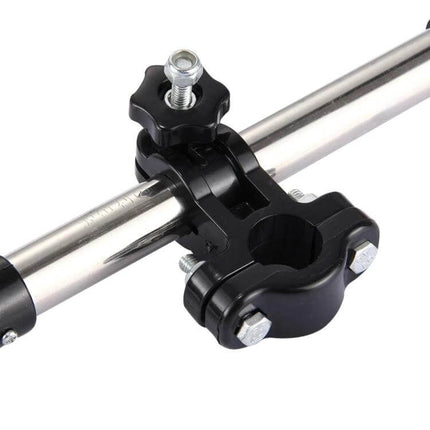 Universal Foldable Stainless Umbrella Mount For Bike Angle Adjustable - stainless steel handlebar clamp close-up, adjustable pivot and secure bolts