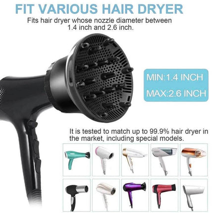 Universal Hair Diffuser For Blow Dryers, Rotatable Design — black diffuser attached to hair dryer showing adjustable fit for nozzles 1.4–2.6 inch