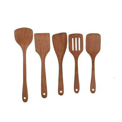 Unpainted Wooden Spatula Set, Long-Handle Utensils showing five natural wood kitchen spatulas with perforated and solid heads