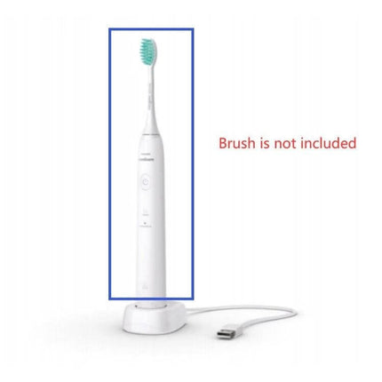 USB Charger For Philips Toothbrush Replacement Dock shown with toothbrush on white docking station and USB cable, brush not included