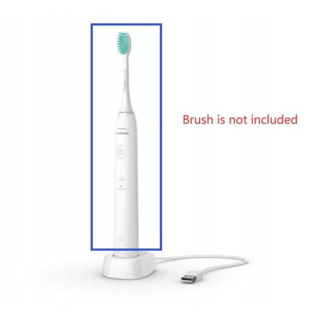 USB Charger For Philips Toothbrush Replacement Dock shown with toothbrush on white docking station and USB cable, brush not included