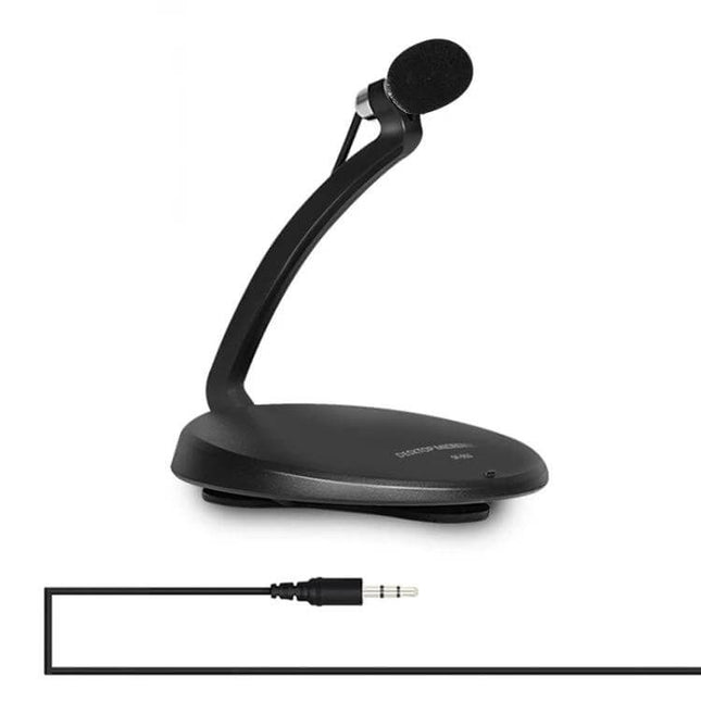 USB Condenser Microphone With Desktop Stand For Streaming compact black USB condenser mic on curved desktop stand for streaming and podcasting