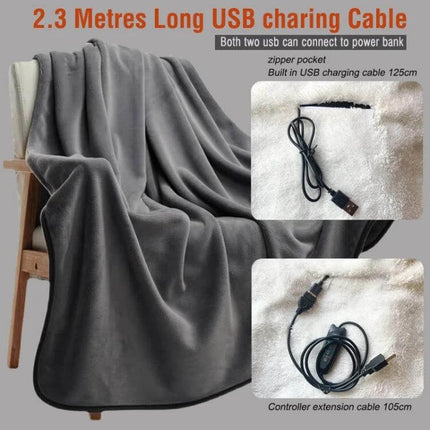 USB Electric Heated Shawl Blanket 76x150cm For Cold Weather Comfort gray USB heated shawl on chair showing 2.3m charging cable and zipper pocket
