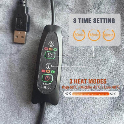 USB Electric Heated Shawl Blanket 76x150cm For Cold Weather Comfort - USB controller with 3 time settings and 3 heat modes on grey lambswool surface