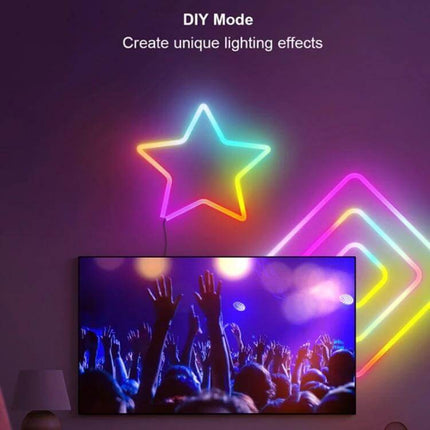 USB Illusion Music Neon 3m Light Strip Indoor Ambience glowing star and geometric neon accents above TV for bedroom and video setup mood lighting