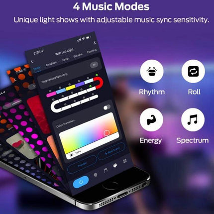 USB Illusion Music Neon 3m Light Strip Indoor Ambience showing app music-sync modes and color controls