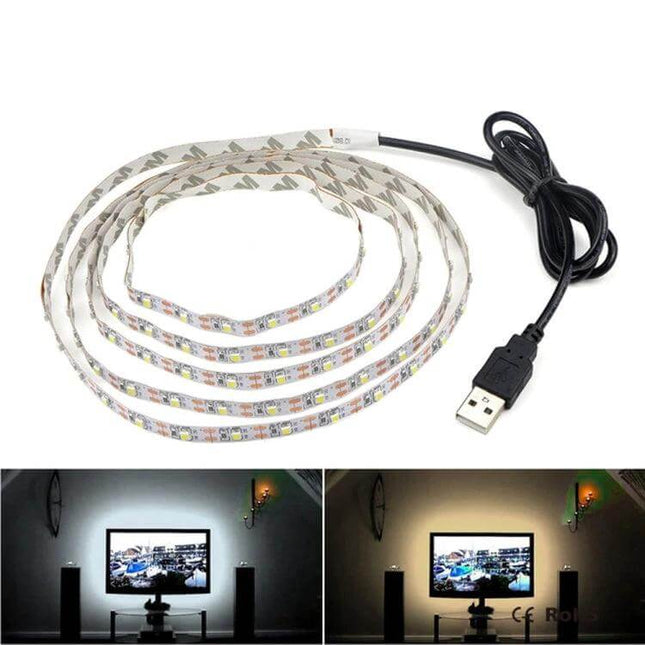 USB LED Strip Light For TV Backlight And Desk Decor 5m – 5m USB-powered 3528 SMD LED strip, white or warm white, adhesive for TV and desk backlighting