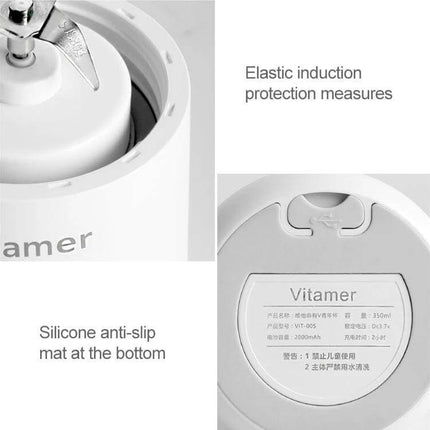 USB Mini Portable Juicer Cup 350ml For Smoothies On The Go showing blade, silicone anti-slip mat and USB charging base