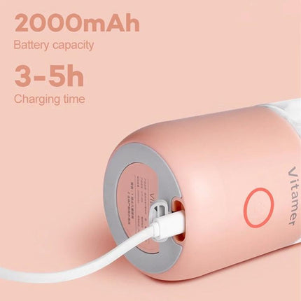 USB Mini Portable Juicer Cup 350ml For Smoothies On The Go showing USB charging port and 2000mAh 3-5h charging time on pink unit