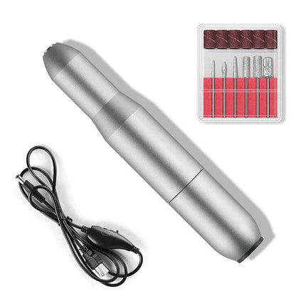Usb Nail Polisher Portable Pen Type For At-Home Manicures - silver aluminum USB nail drill kit with sanding heads, USB cable and travel bag