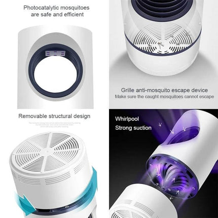 USB Photocatalyst Mosquito Killer Light Cylindrical 17.5x10cm showing cylindrical white USB-powered mosquito trap, removable grill and whirlpool suction