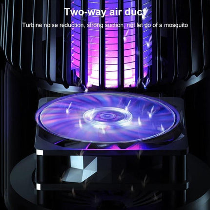 USB Photocatalyst Mosquito Killer Two-In-One For Indoor Use showing purple light attractant and spinning two-way air duct fan